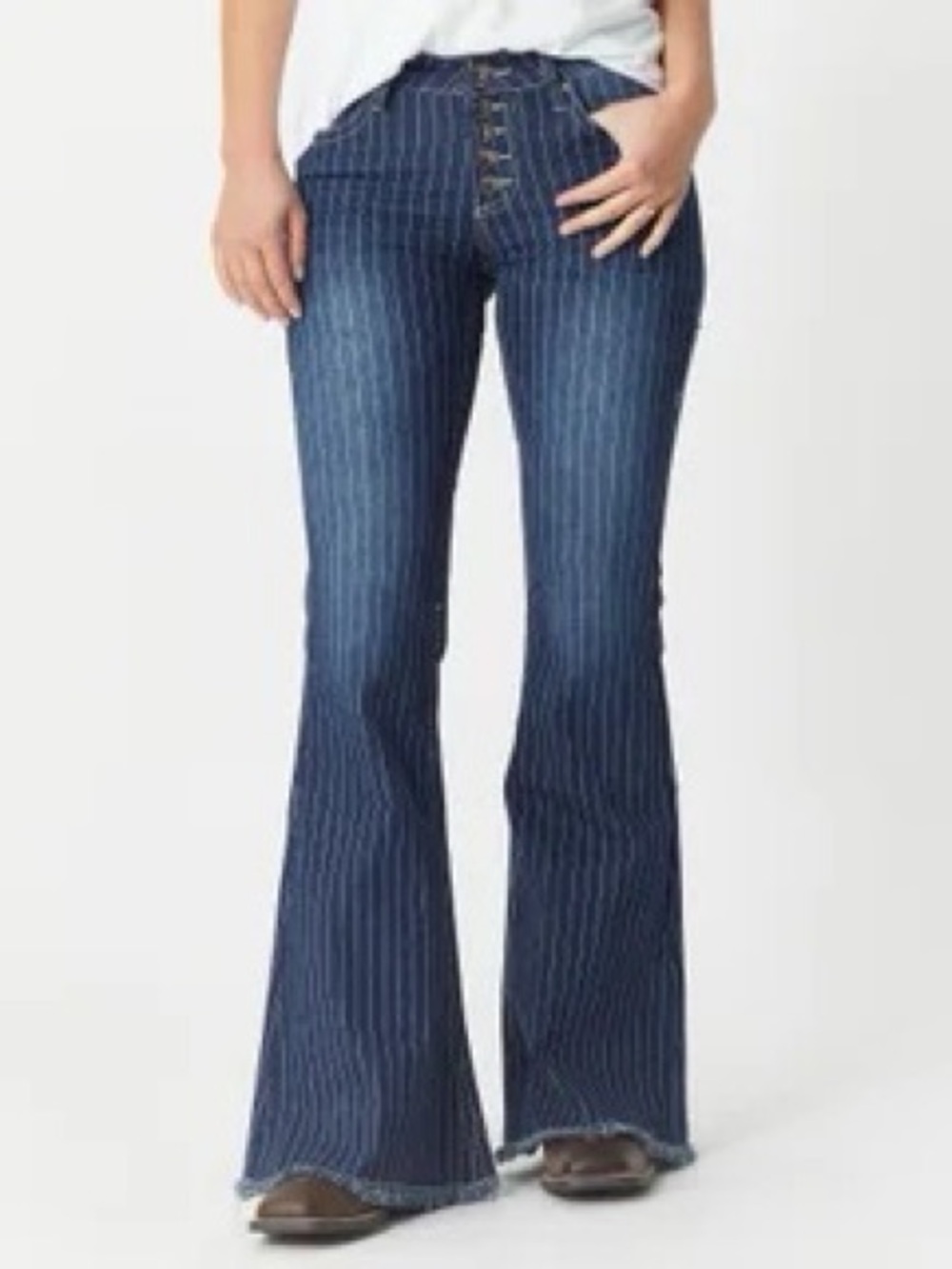 Cowgirl Tuff Dark Blue Pinstripe Flare Jeans 26 Long